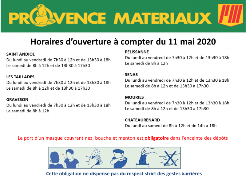 Accès aux agences PROVENCE MATERIAUX à compter du lundi 11 mai 2020