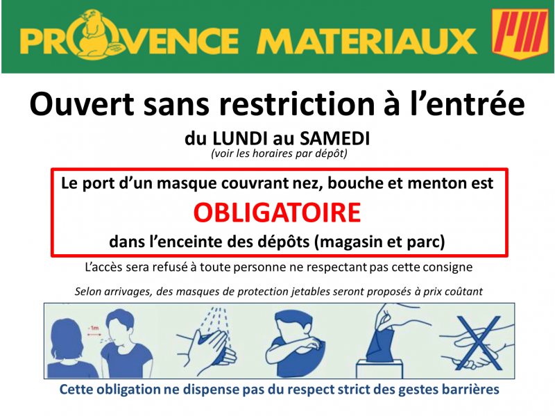 Accès aux agences PROVENCE MATERIAUX à compter du lundi 11 mai 2020